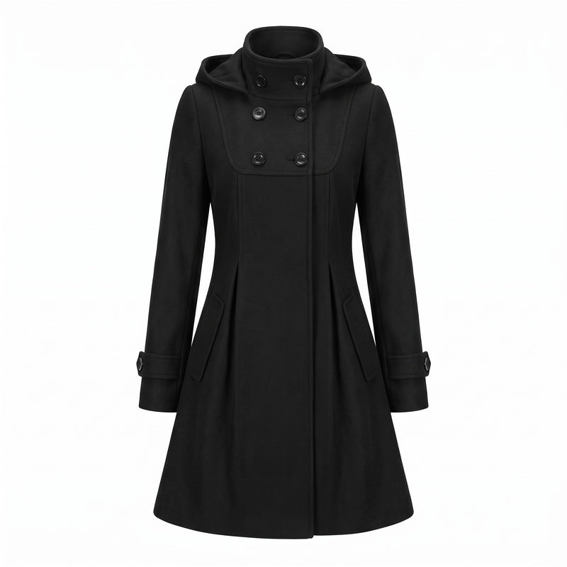 Women's A Line Hooded Winter Coat Double Breasted Funnel Neck Pleats, product photo 7