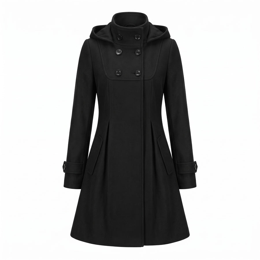 Women's A Line Hooded Winter Coat Double Breasted Funnel Neck Pleats, product photo 7