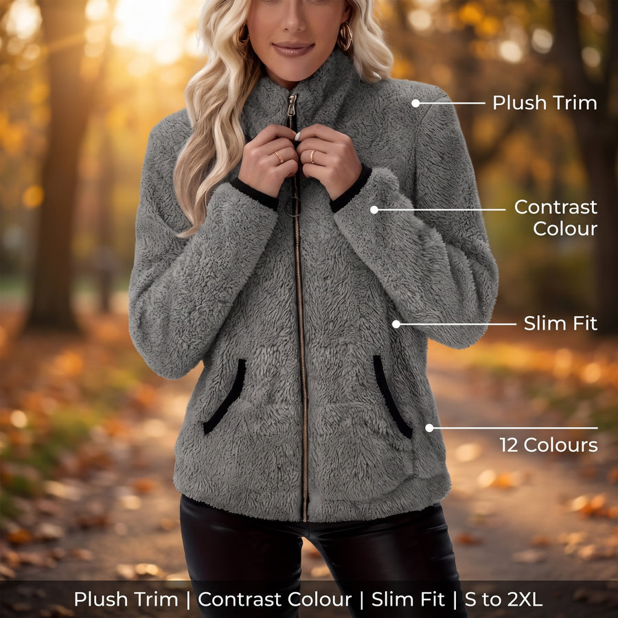 Women's Casual Jacket Plush Trim Contrast Zip Slim Fit Short, product photo 2