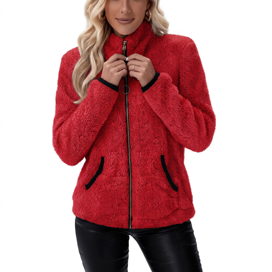 Women's Casual Jacket Plush Trim Contrast Zip Slim Fit Short, product photo 15