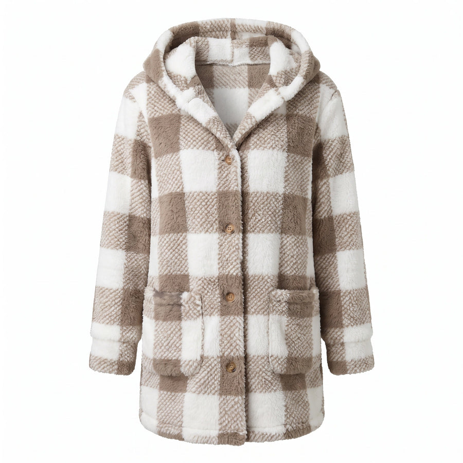 Women's Checked Teddy Fleece Coat Hooded Button Front Long Cut, product photo 1