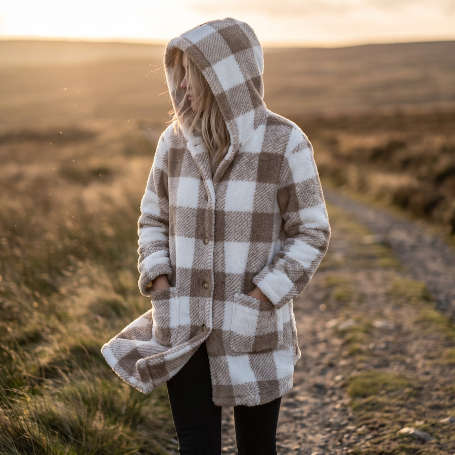 Women's Checked Teddy Fleece Coat Hooded Button Front Long Cut, product photo 3