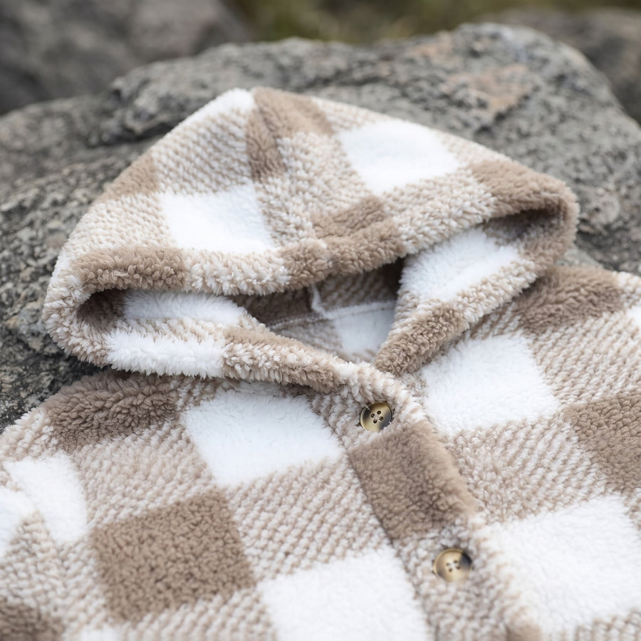 Women's Checked Teddy Fleece Coat Hooded Button Front Long Cut, product photo 4