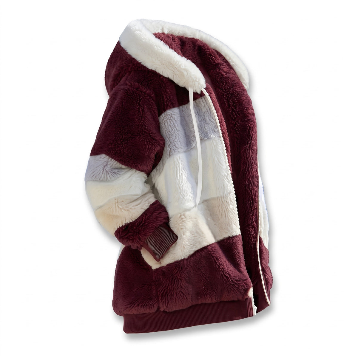 Women's Colour Block Teddy Jacket Hooded Drawcord Zip Front, product photo 1