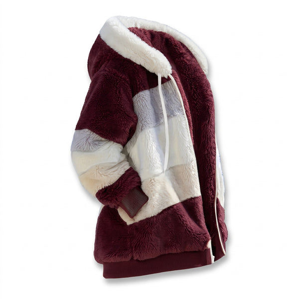 Women's Colour Block Teddy Jacket Hooded Drawcord Zip Front