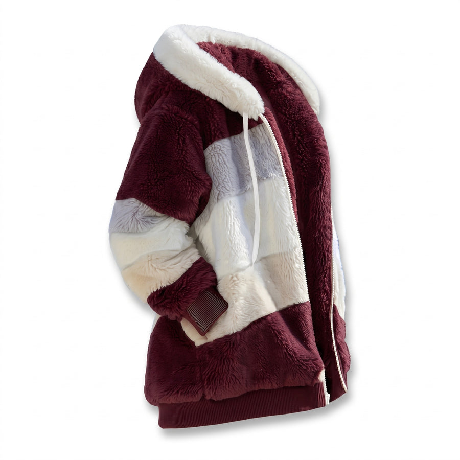Women's Colour Block Teddy Jacket Hooded Drawcord Zip Front, product photo 1