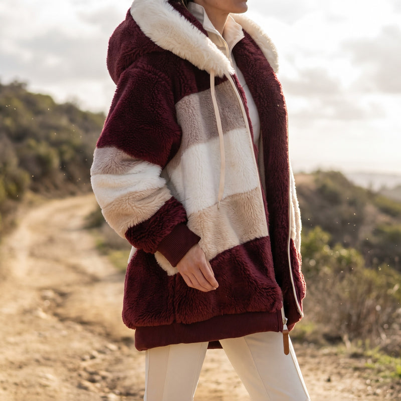 Women's Colour Block Teddy Jacket Hooded Drawcord Zip Front, product photo 3