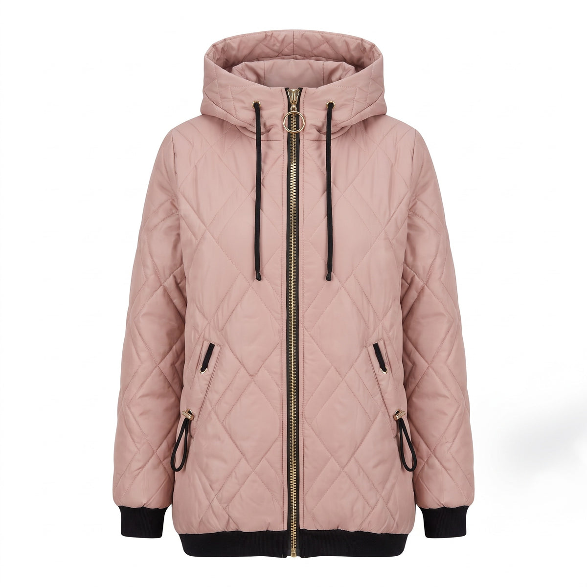 Women's Diamond Quilted Hooded Jacket Zip Front Drawstring Hem, product photo 1