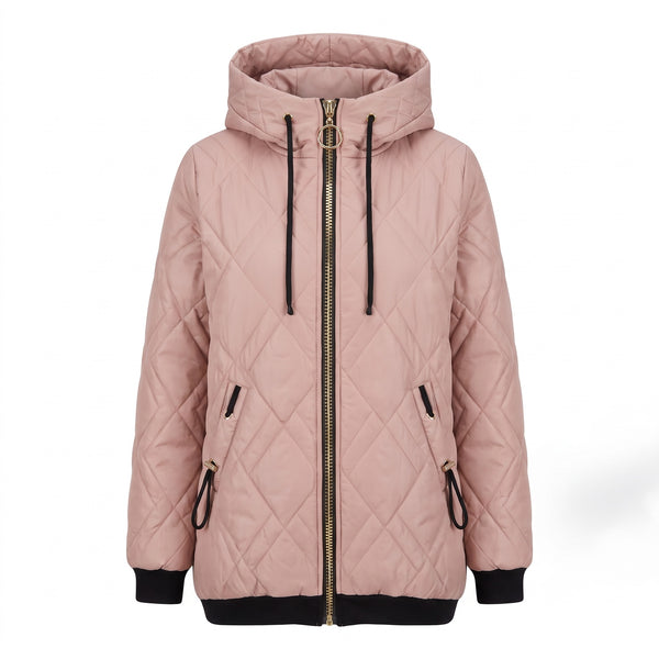 Women's Diamond Quilted Hooded Jacket Zip Front Drawstring Hem