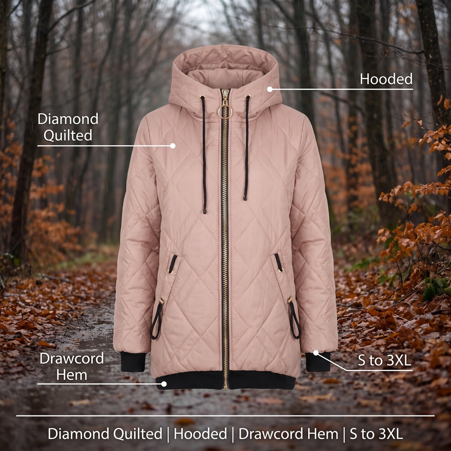 Women's Diamond Quilted Hooded Jacket Zip Front Drawstring Hem, product photo 2