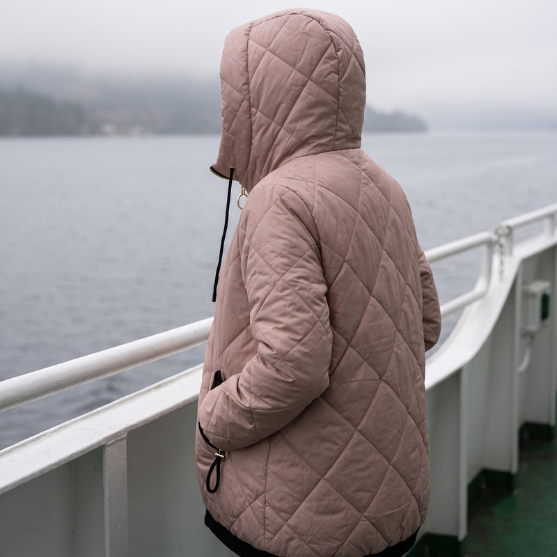 Women's Diamond Quilted Hooded Jacket Zip Front Drawstring Hem, product photo 5