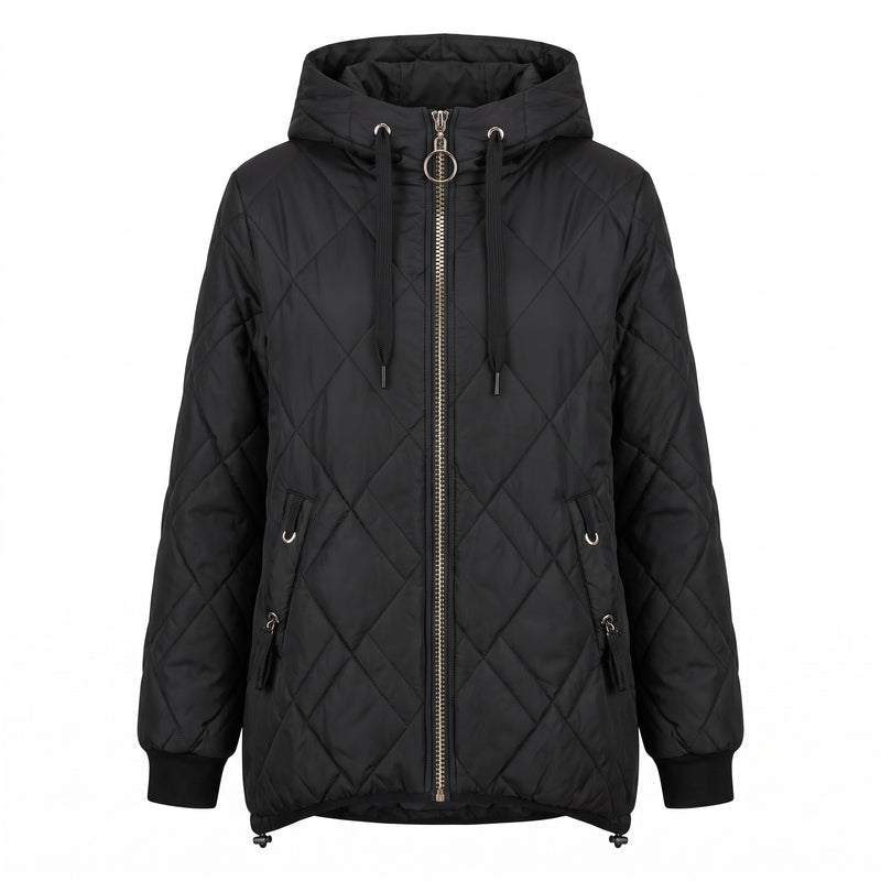 Women's Diamond Quilted Hooded Jacket Zip Front Drawstring Hem, product photo 6