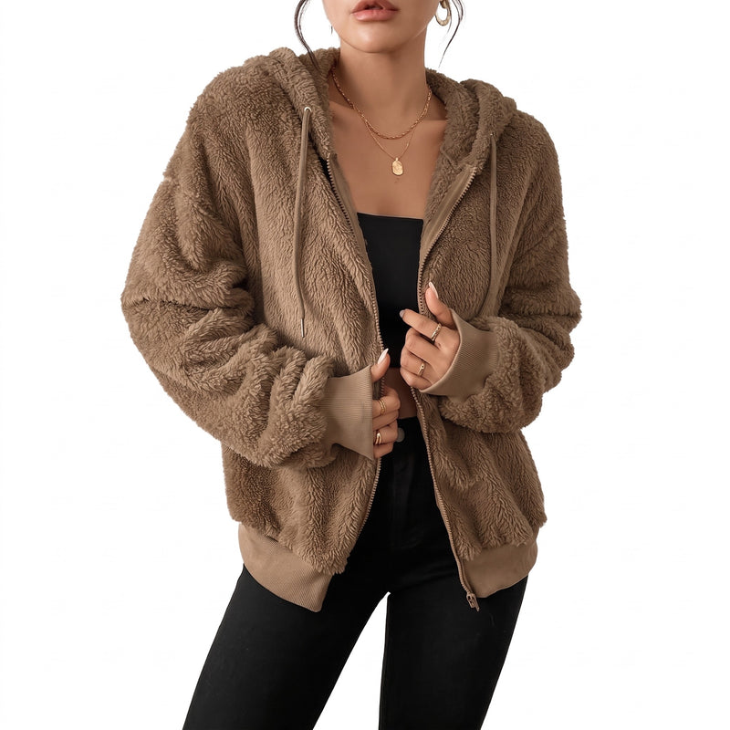 Women's Faux Fur Hooded Jacket Zip Front Loose Mid Length Coat, product photo 6