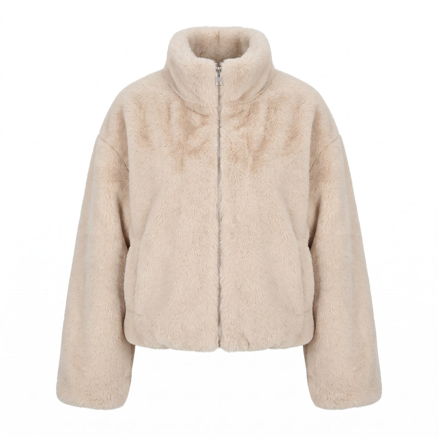 Women's Faux Fur Overcoat Stand Collar Zip Loose Short Cut, product photo 1