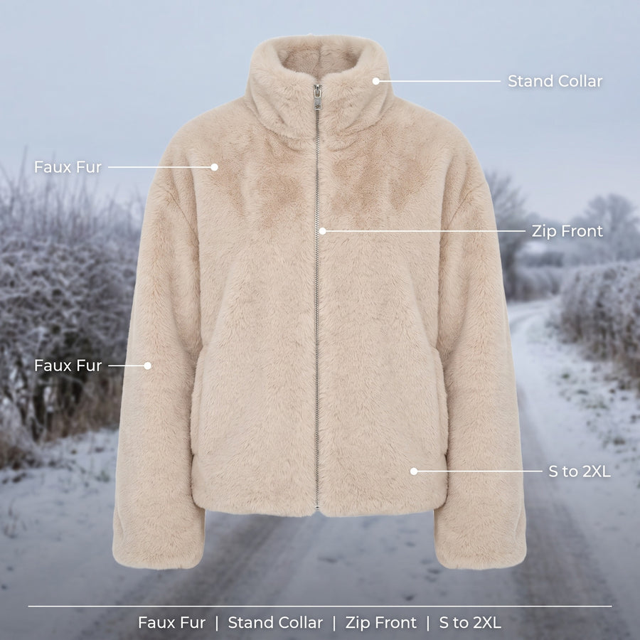 Women's Faux Fur Overcoat Stand Collar Zip Loose Short Cut, product photo 2