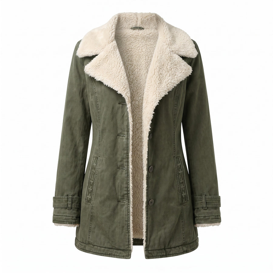 Women's Fleece Lined Jacket Wide Lapel Button Front Warm Winter Coat, product photo 1