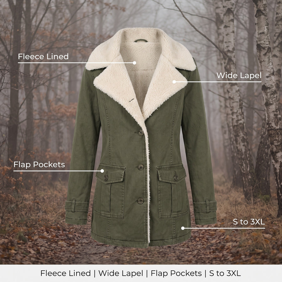 Women's Fleece Lined Jacket Wide Lapel Button Front Warm Winter Coat, product photo 2
