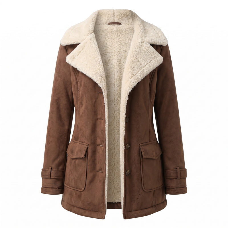 Women's Fleece Lined Jacket Wide Lapel Button Front Warm Winter Coat, product photo 9
