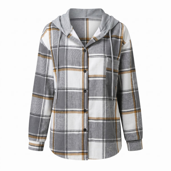 Women's Hooded Plaid Shacket Button Down Shirt Jacket Fall Outerwear