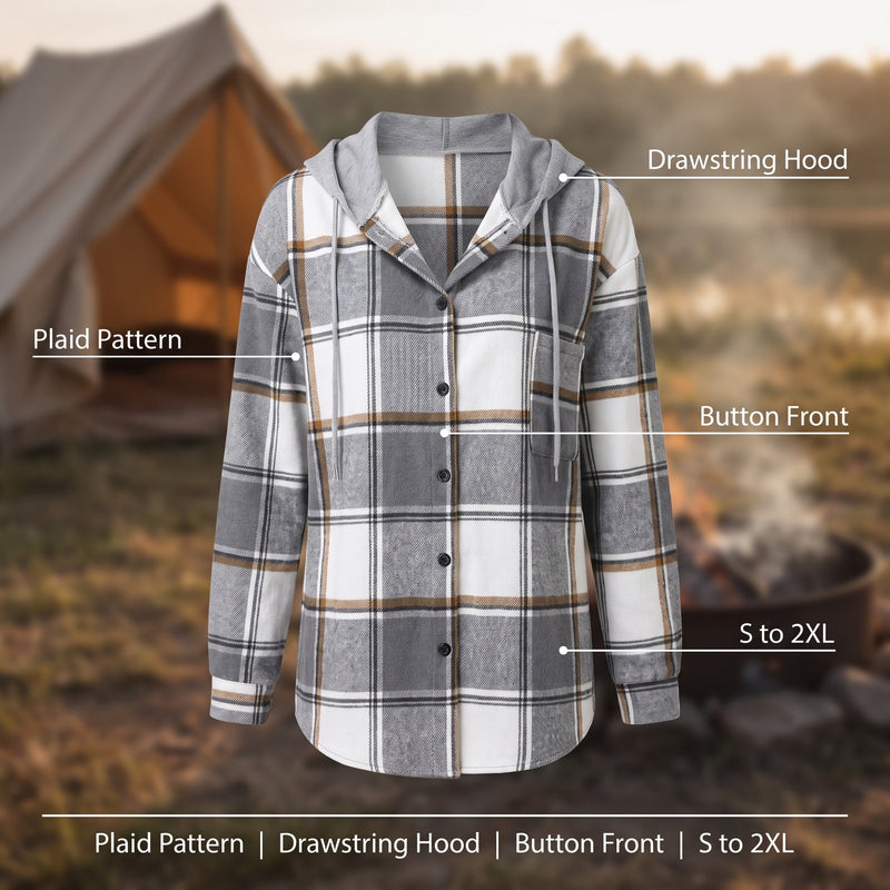 Women's Hooded Plaid Shacket Button Down Shirt Jacket Fall Outerwear, product photo 2