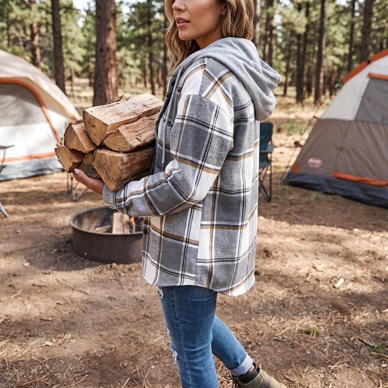 Women's Hooded Plaid Shacket Button Down Shirt Jacket Fall Outerwear, product photo 5