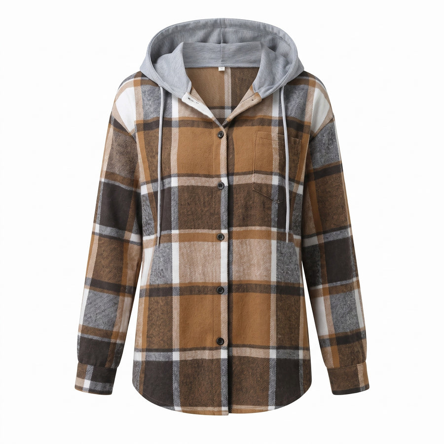 Women's Hooded Plaid Shacket Button Down Shirt Jacket Fall Outerwear, product photo 9