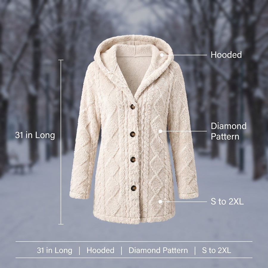 Women's Hooded Teddy Coat Diamond Quilt Decorative Button Front, product photo 2