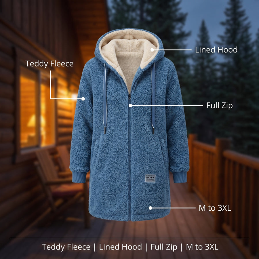 Women's Hooded Teddy Fleece Coat Long Full Zip Drawstring Jacket, product photo 2