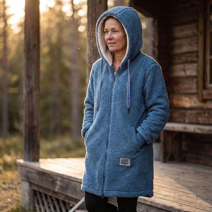 Women's Hooded Teddy Fleece Coat Long Full Zip Drawstring Jacket, product photo 3