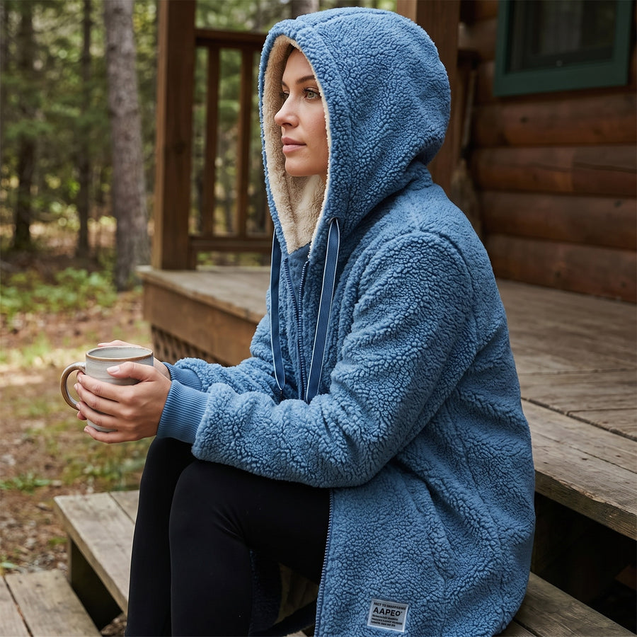 Women's Hooded Teddy Fleece Coat Long Full Zip Drawstring Jacket, product photo 5