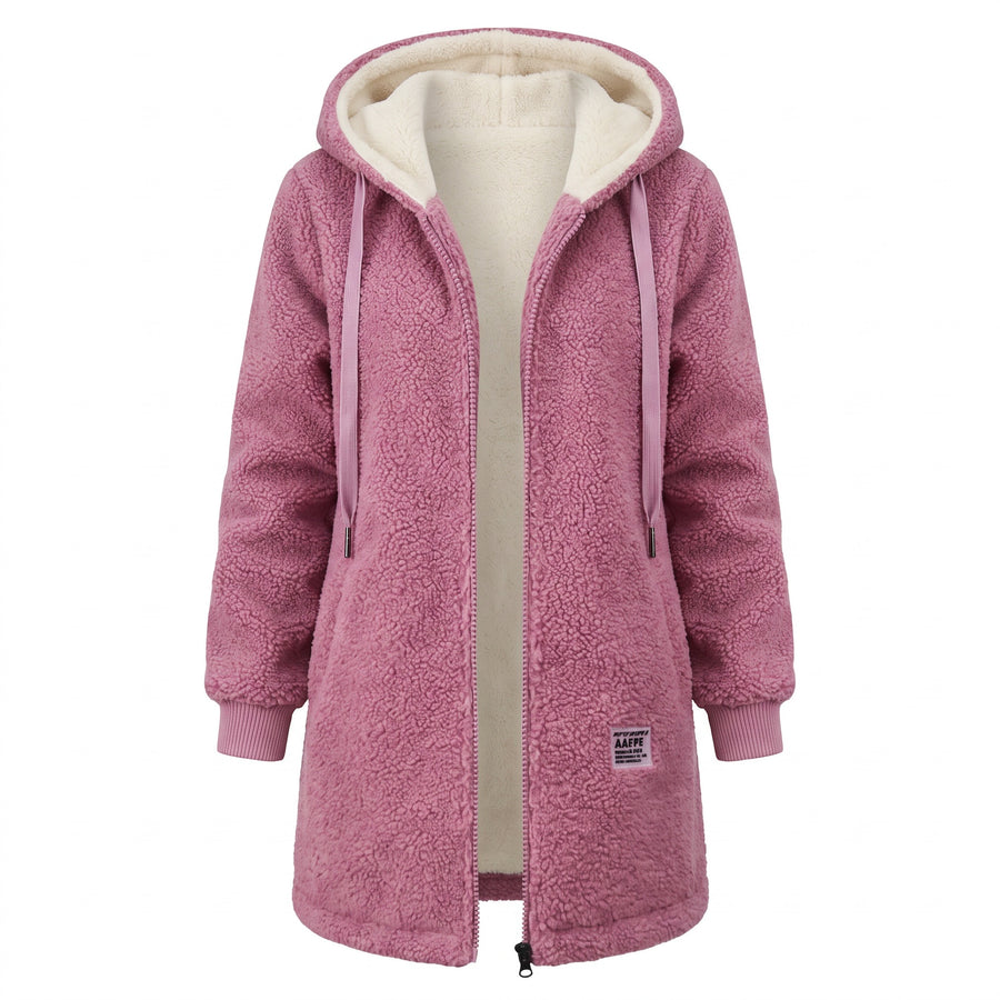 Women's Hooded Teddy Fleece Coat Long Full Zip Drawstring Jacket, product photo 6