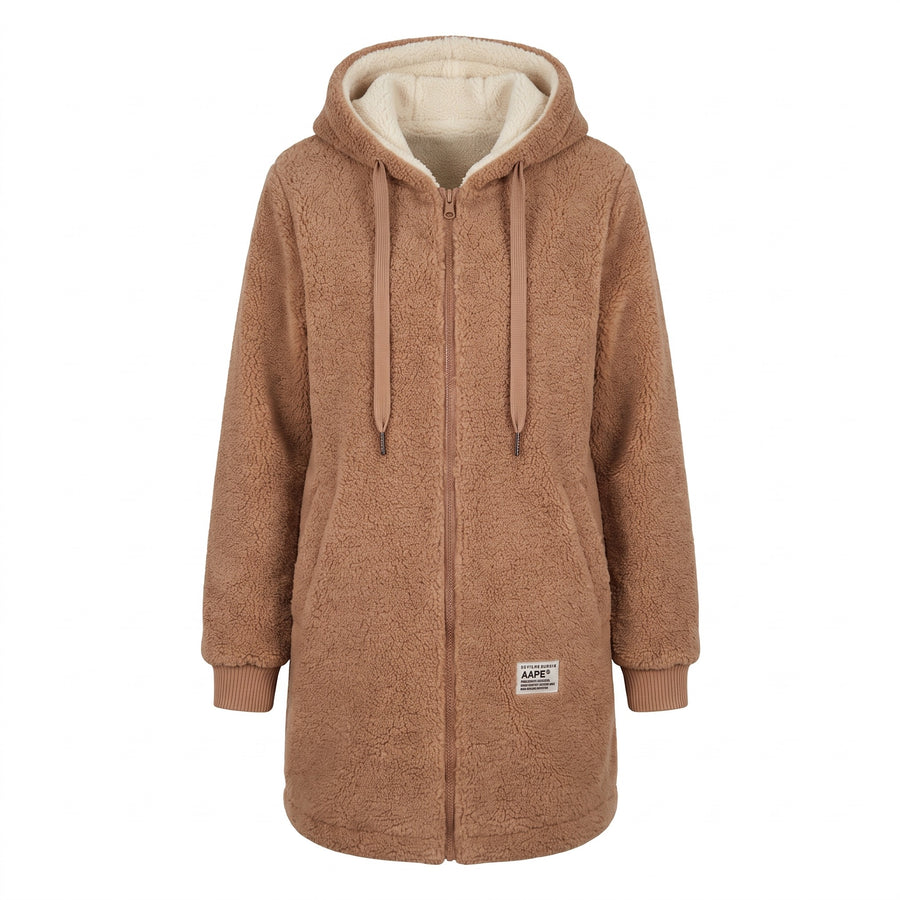 Women's Hooded Teddy Fleece Coat Long Full Zip Drawstring Jacket, product photo 7