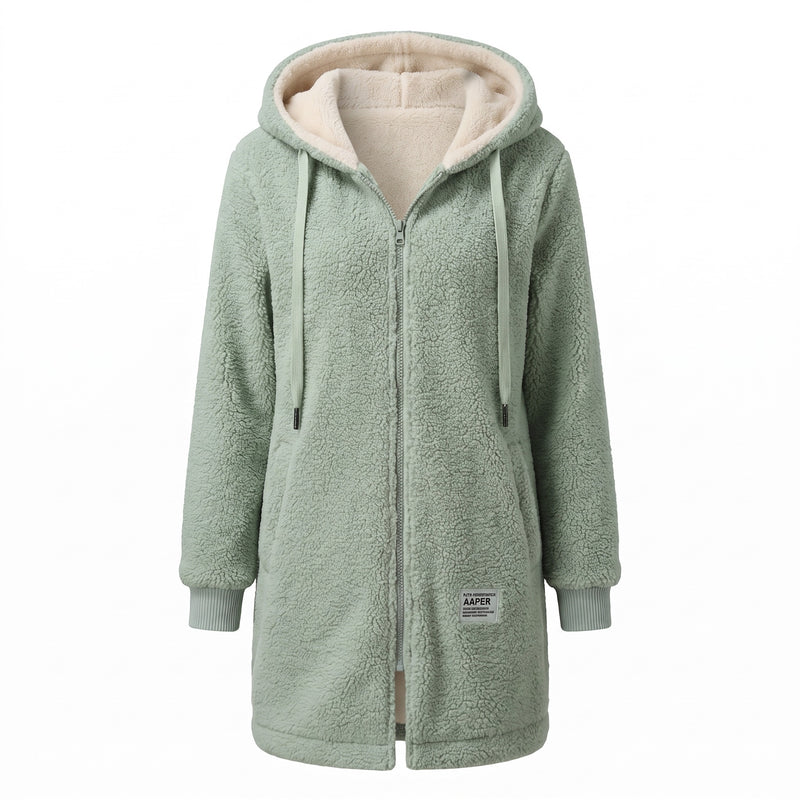 Women's Hooded Teddy Fleece Coat Long Full Zip Drawstring Jacket, product photo 8