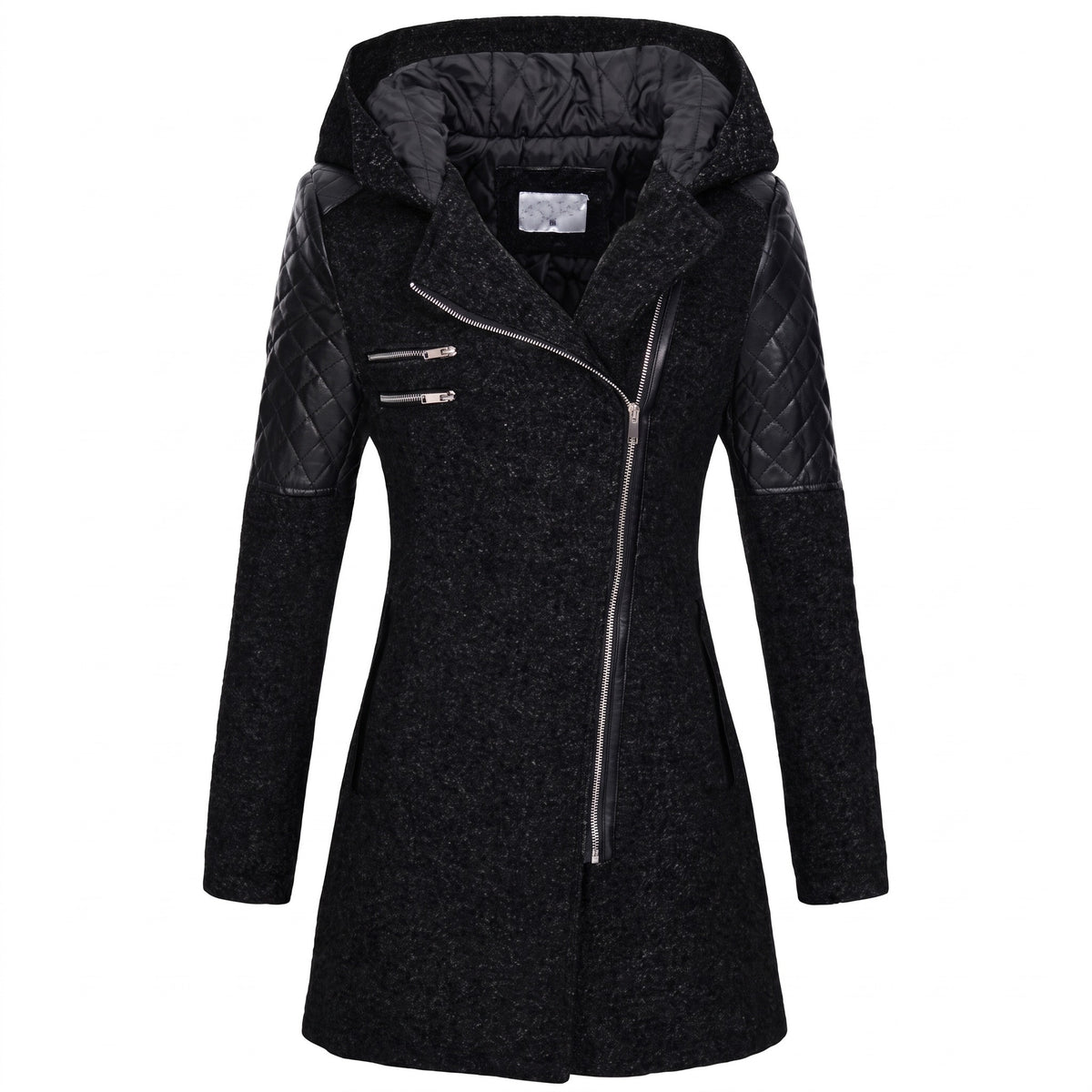 Women's Hooded Winter Coat Asymmetric Zip Faux Leather Sleeve Panels, product photo 1