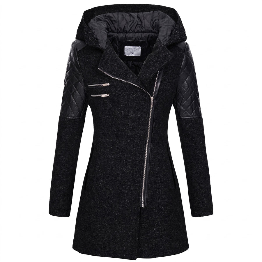 Women's Hooded Winter Coat Asymmetric Zip Faux Leather Sleeve Panels, product photo 1