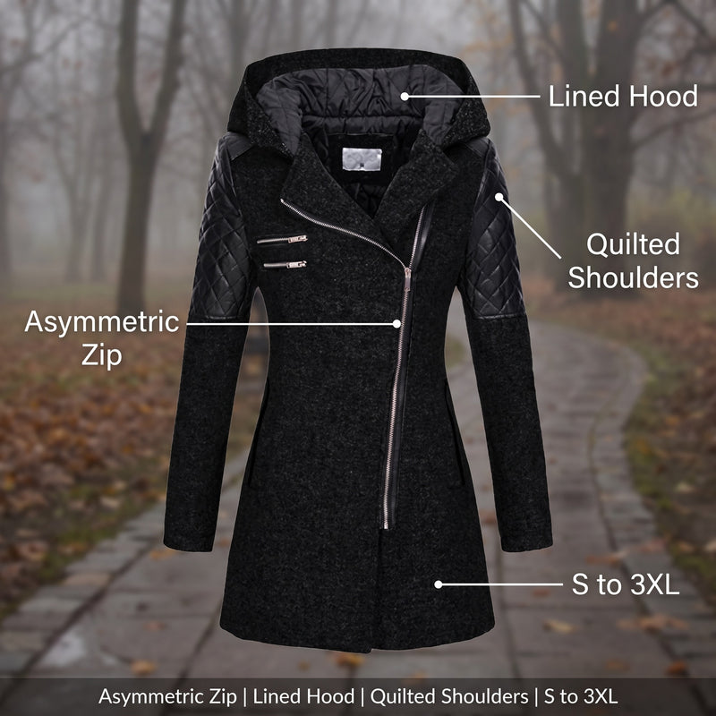 Women's Hooded Winter Coat Asymmetric Zip Faux Leather Sleeve Panels, product photo 2