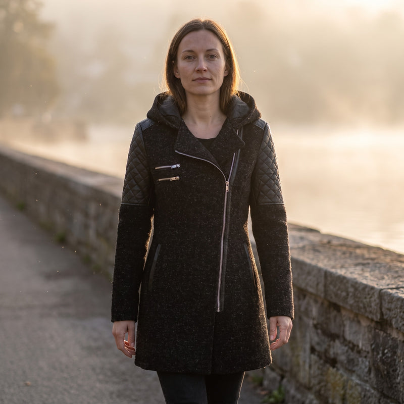 Women's Hooded Winter Coat Asymmetric Zip Faux Leather Sleeve Panels, product photo 3