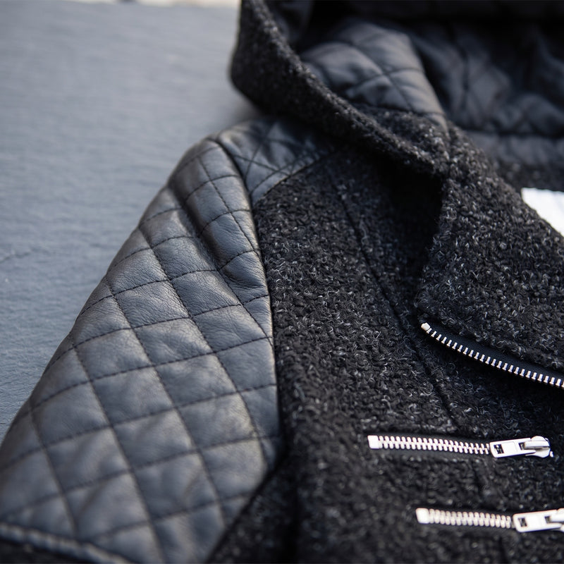 Women's Hooded Winter Coat Asymmetric Zip Faux Leather Sleeve Panels, product photo 4