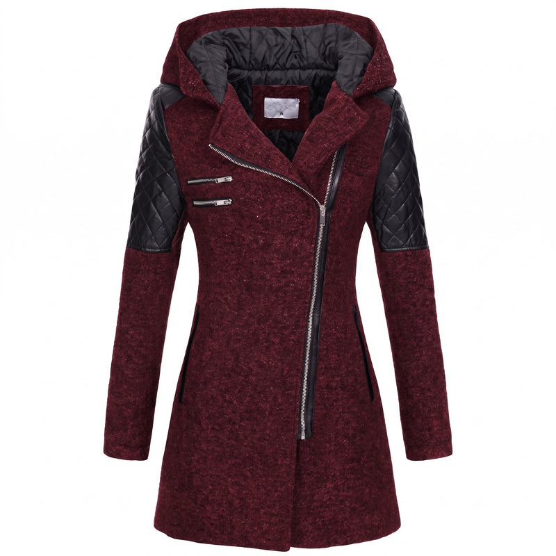 Women's Hooded Winter Coat Asymmetric Zip Faux Leather Sleeve Panels, product photo 6