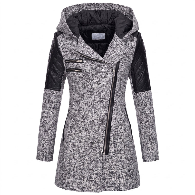 Women's Hooded Winter Coat Asymmetric Zip Faux Leather Sleeve Panels, product photo 7