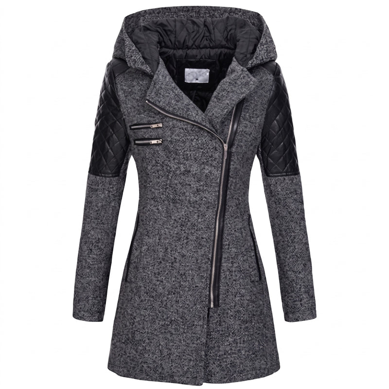 Women's Hooded Winter Coat Asymmetric Zip Faux Leather Sleeve Panels, product photo 8