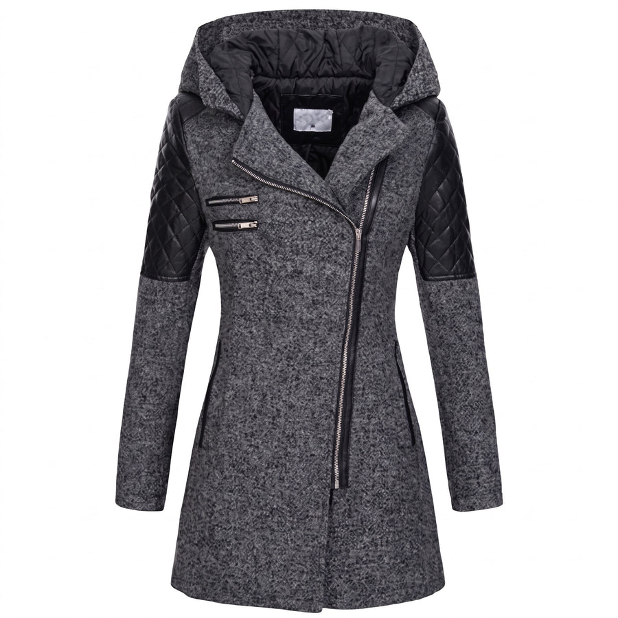 Women's Hooded Winter Coat Asymmetric Zip Faux Leather Sleeve Panels, product photo 8