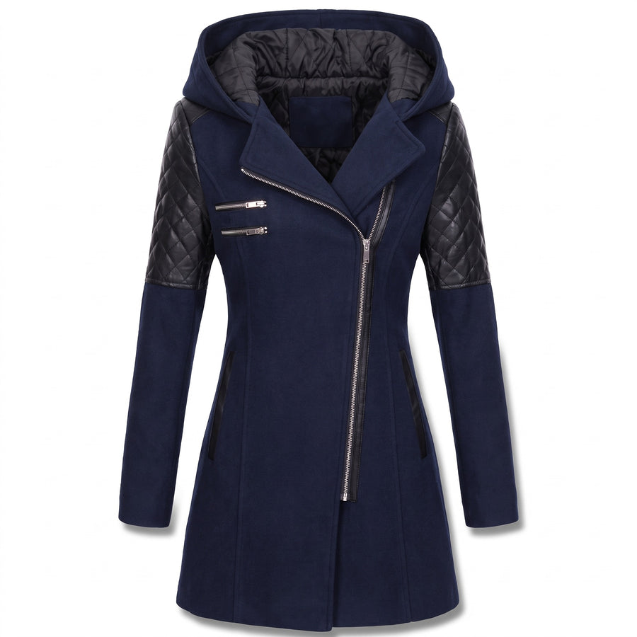 Women's Hooded Winter Coat Asymmetric Zip Faux Leather Sleeve Panels, product photo 9