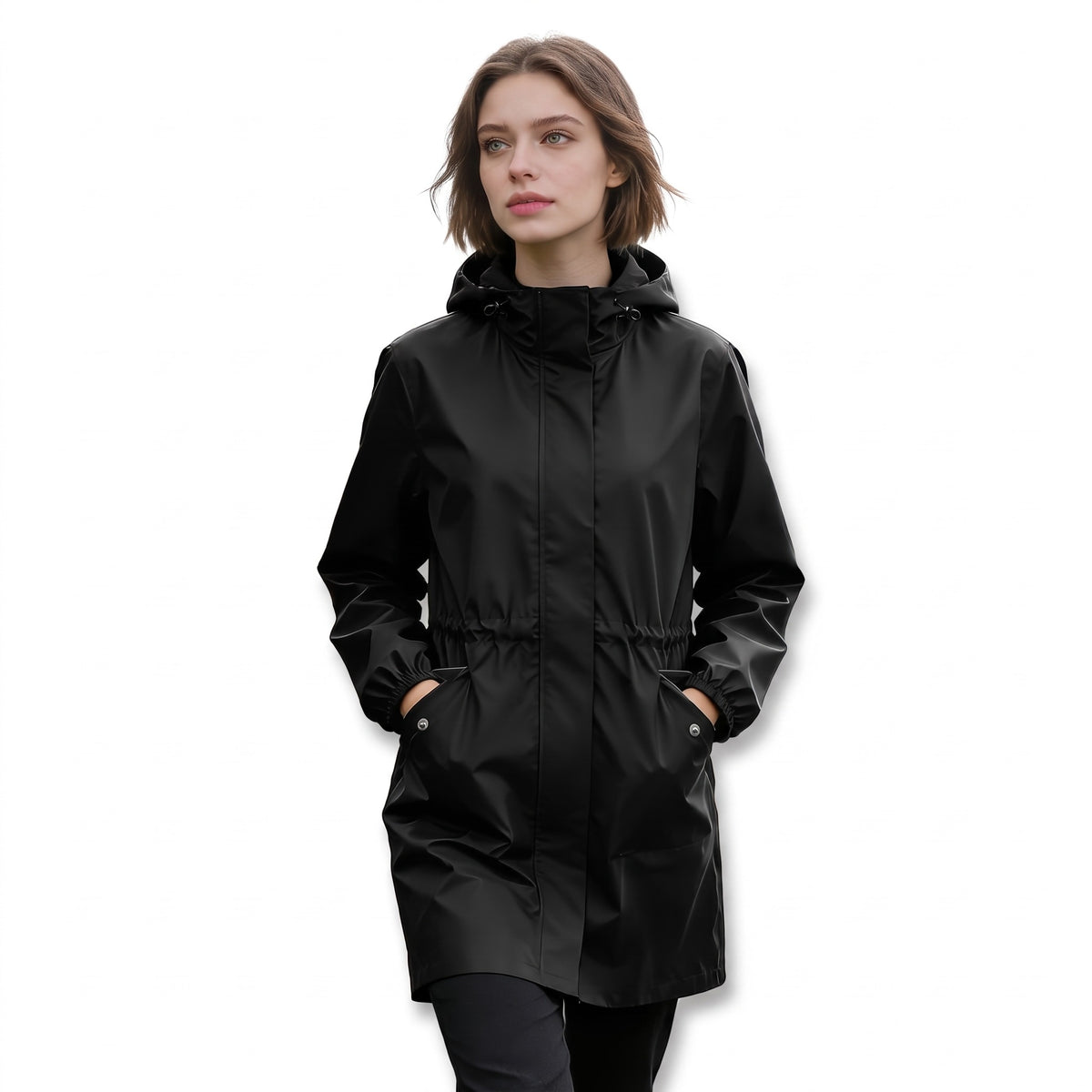 Women's Knee Length Rain Coat Hooded Pockets Windproof Shell, product photo 1
