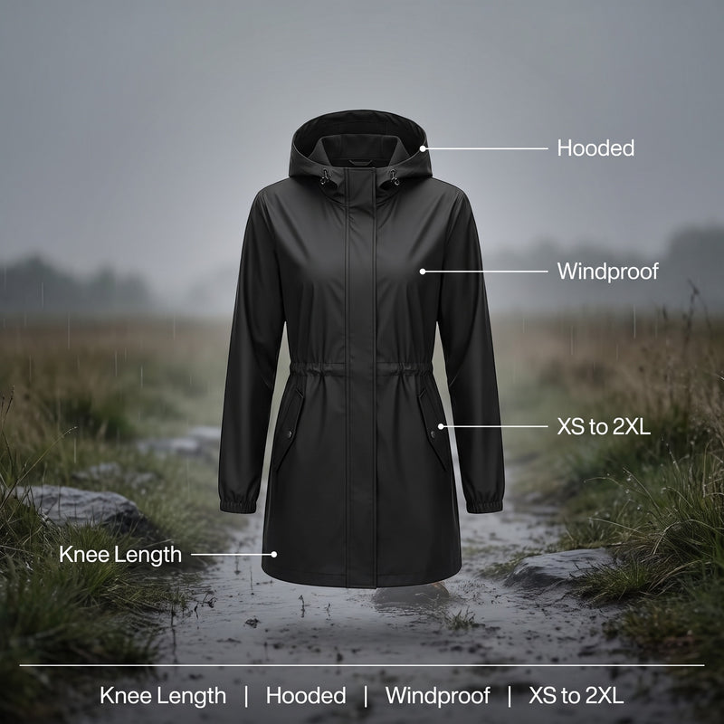 Women's Knee Length Rain Coat Hooded Pockets Windproof Shell, product photo 2