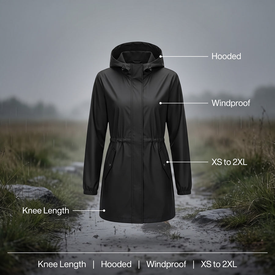 Women's Knee Length Rain Coat Hooded Pockets Windproof Shell, product photo 2