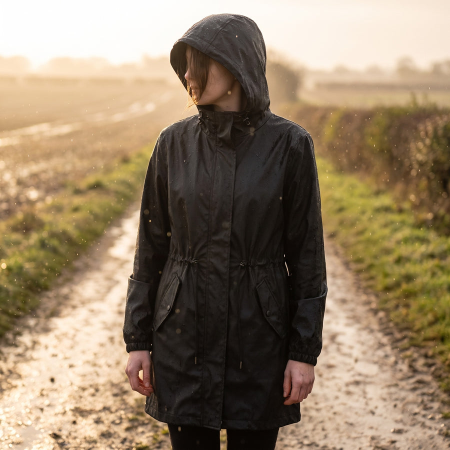 Women's Knee Length Rain Coat Hooded Pockets Windproof Shell, product photo 3