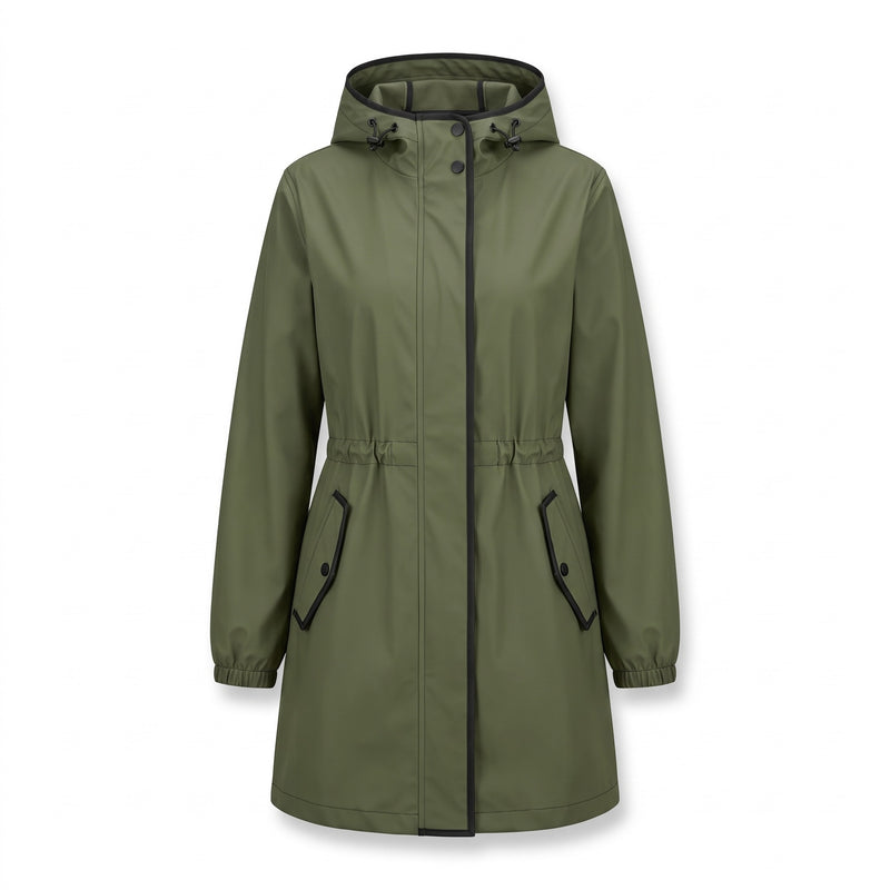 Women's Knee Length Rain Coat Hooded Pockets Windproof Shell, product photo 7
