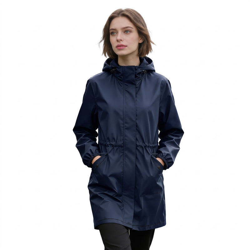 Women's Knee Length Rain Coat Hooded Pockets Windproof Shell, product photo 8