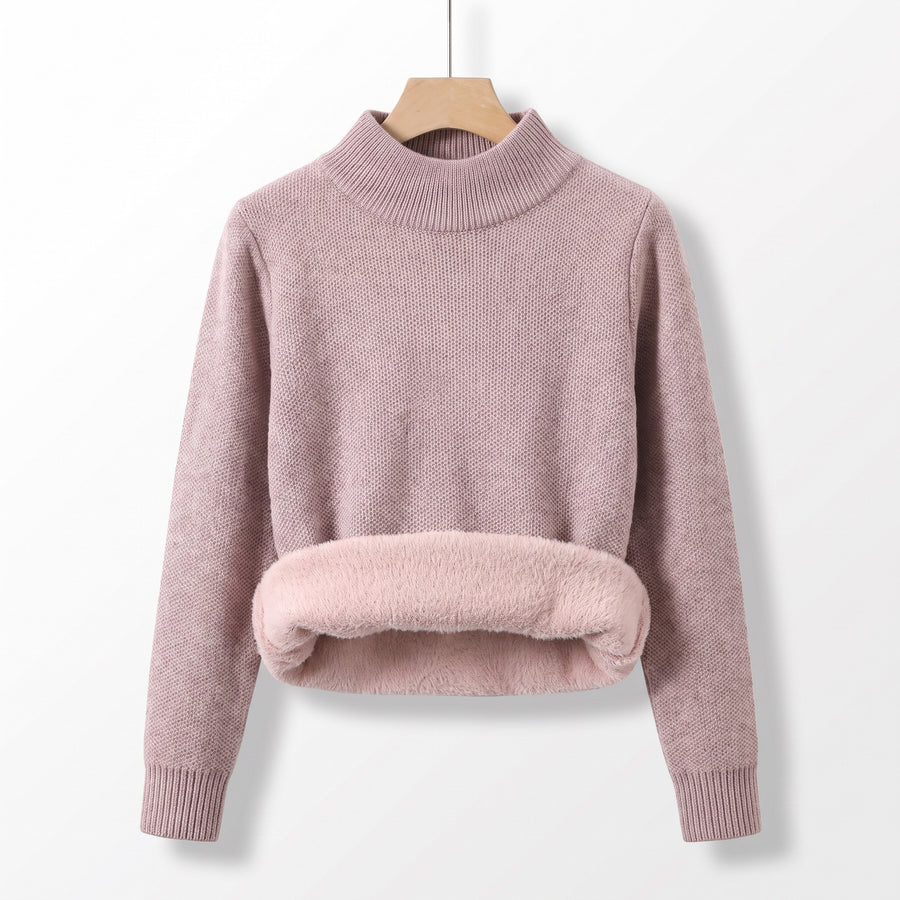 Women's Knit Sweater Fleece Lined Collar Crew Neck Warm Pullover, product photo 1